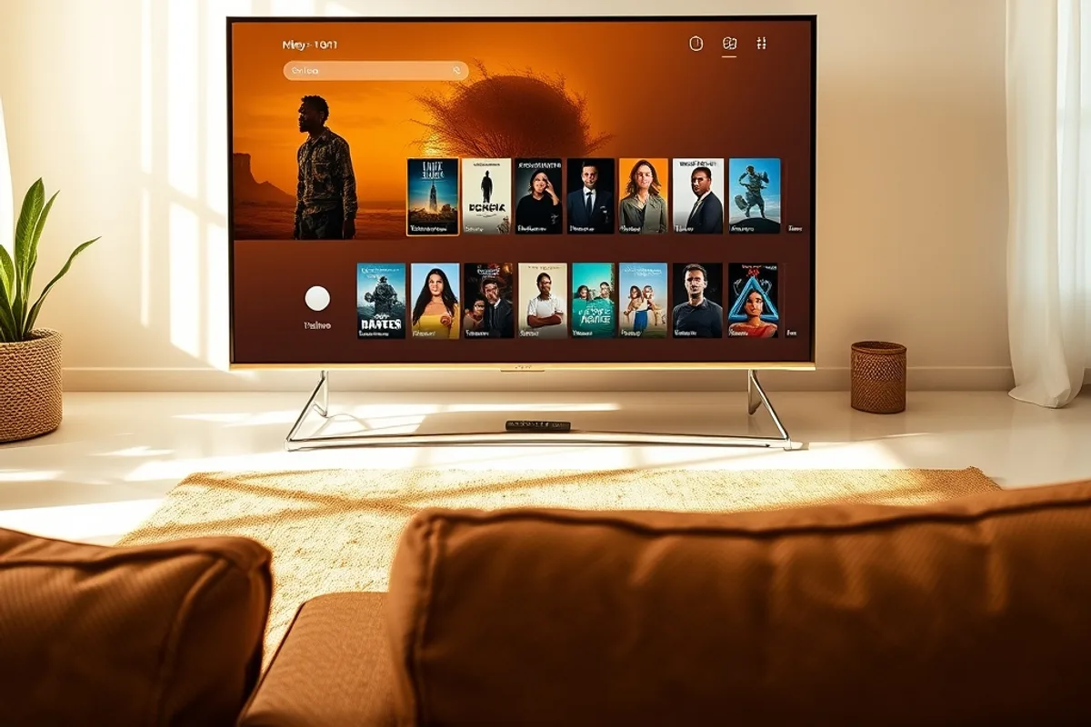 Grand téléviseur dans un salon sénégalais lumineux montrant une grille de chaînes locales et africaines, illustrant un abonnement IPTV tout-en-un