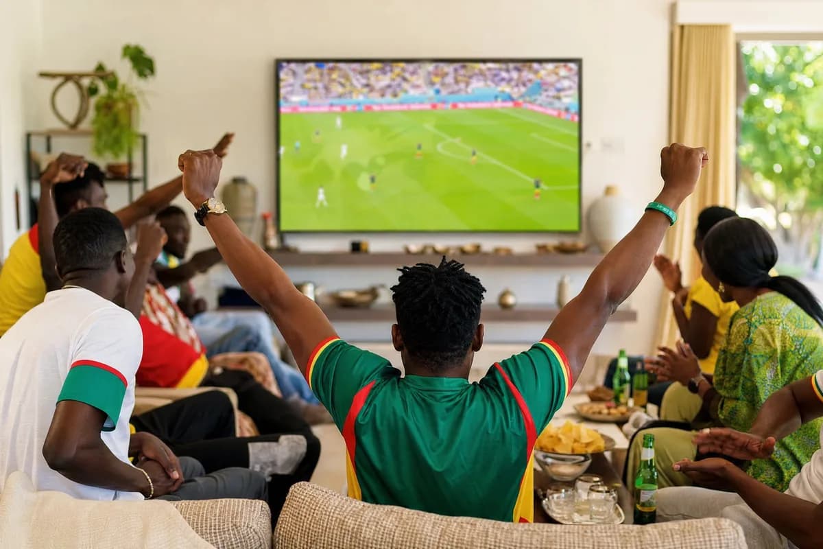 Salon sénégalais clair en journée, des supporters réunis devant un grand téléviseur pour un match de football, ambiance joyeuse autour de l’abonnement IPTV