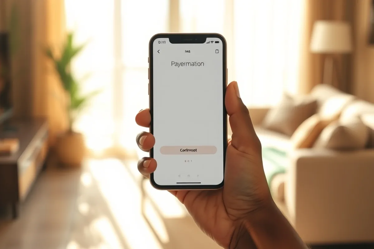 Main tenant un téléphone qui affiche un paiement mobile money en pleine lumière, illustrant le règlement d’un abonnement IPTV par Wave ou Orange Money au Sénégal
