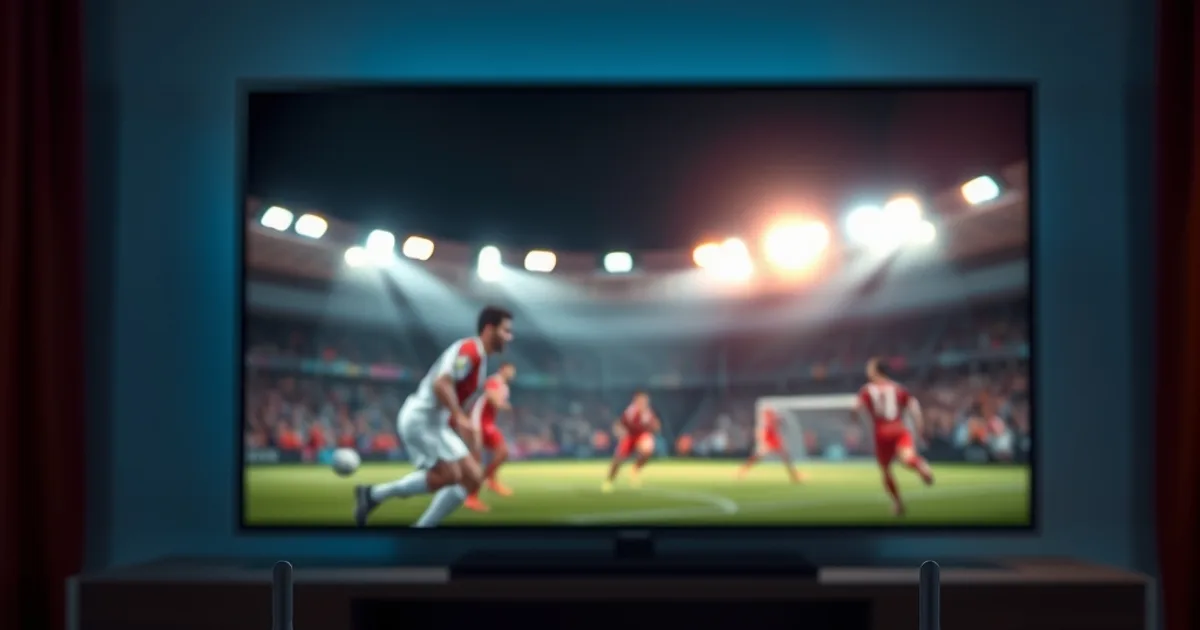 Boîtier Android TV posé sous un téléviseur allumé sur un match de football, dans un salon sombre et cinématographique
