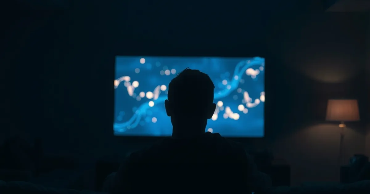 Salon sombre la nuit, silhouette face à un écran de télévision dont la lumière bleutée projette de subtils motifs numériques, ambiance cinématographique.
