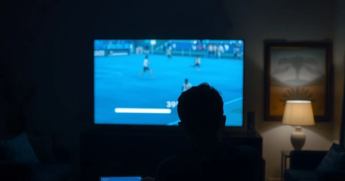 Salon plongé dans la pénombre avec un téléviseur qui diffuse un match figé par le buffering, pendant qu'une silhouette vérifie son routeur Wi-Fi le soir.