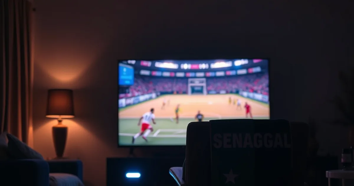 Salon plongé dans la pénombre avec un téléviseur allumé sur un match de football, ambiance nocturne feutrée