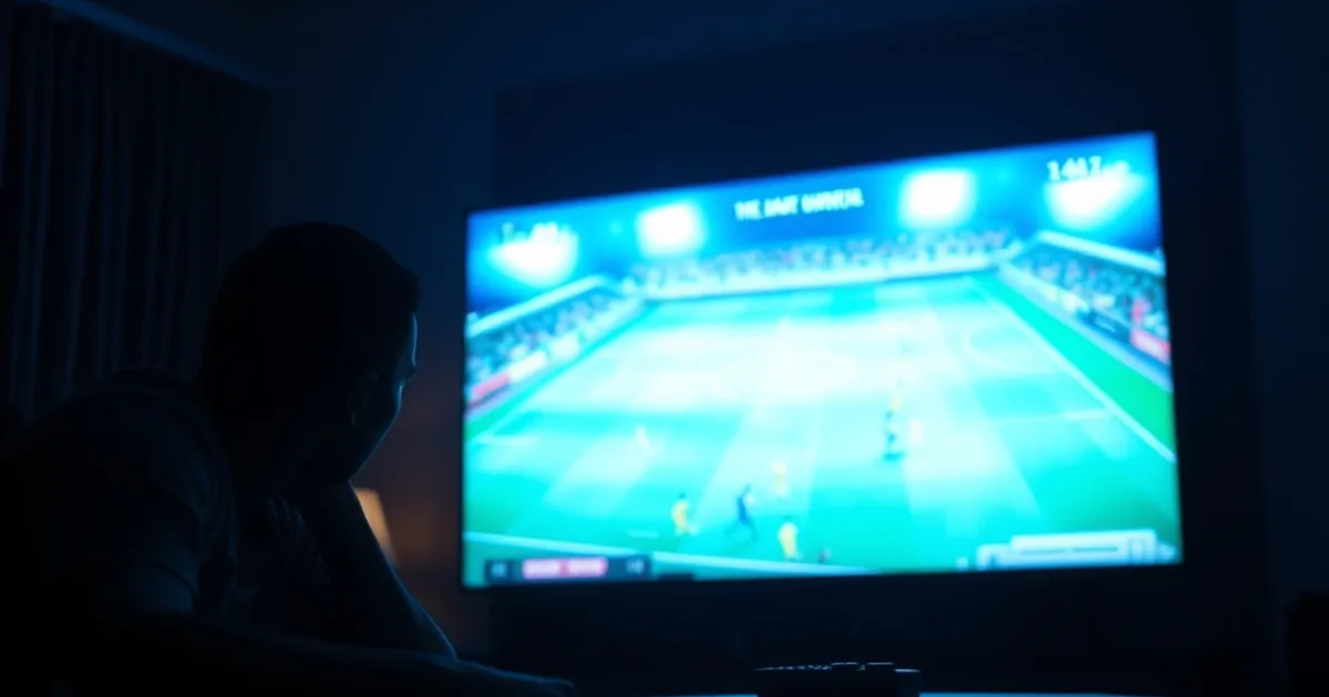 Silhouette regardant un match de football en streaming sur un écran dans un salon sombre, ambiance nocturne premium