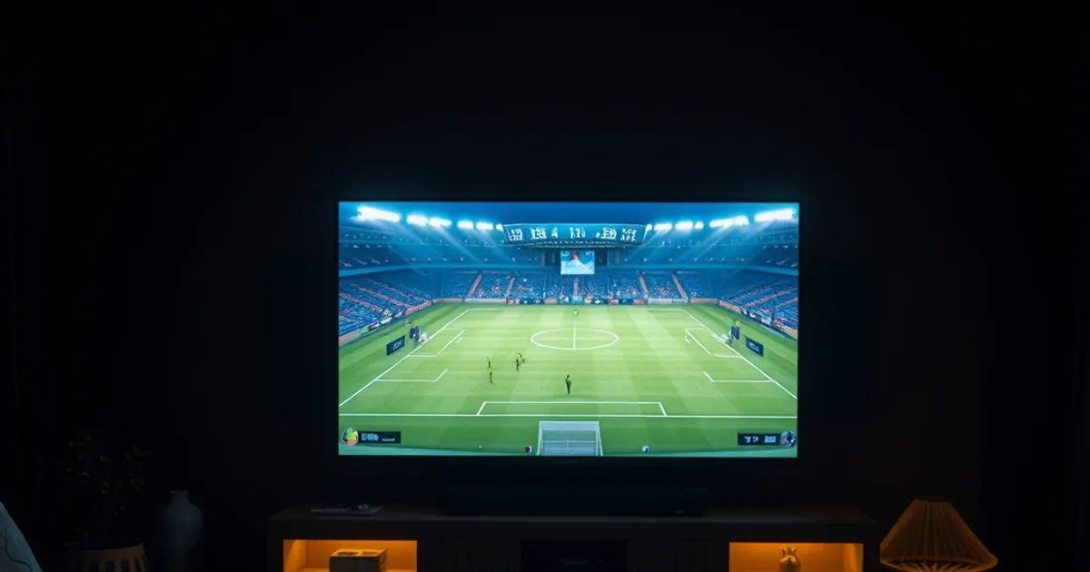 Salon sombre et cinématographique au Sénégal, éclairé par un écran diffusant un stade de football illuminé, ambiance Coupe du Monde 2026.