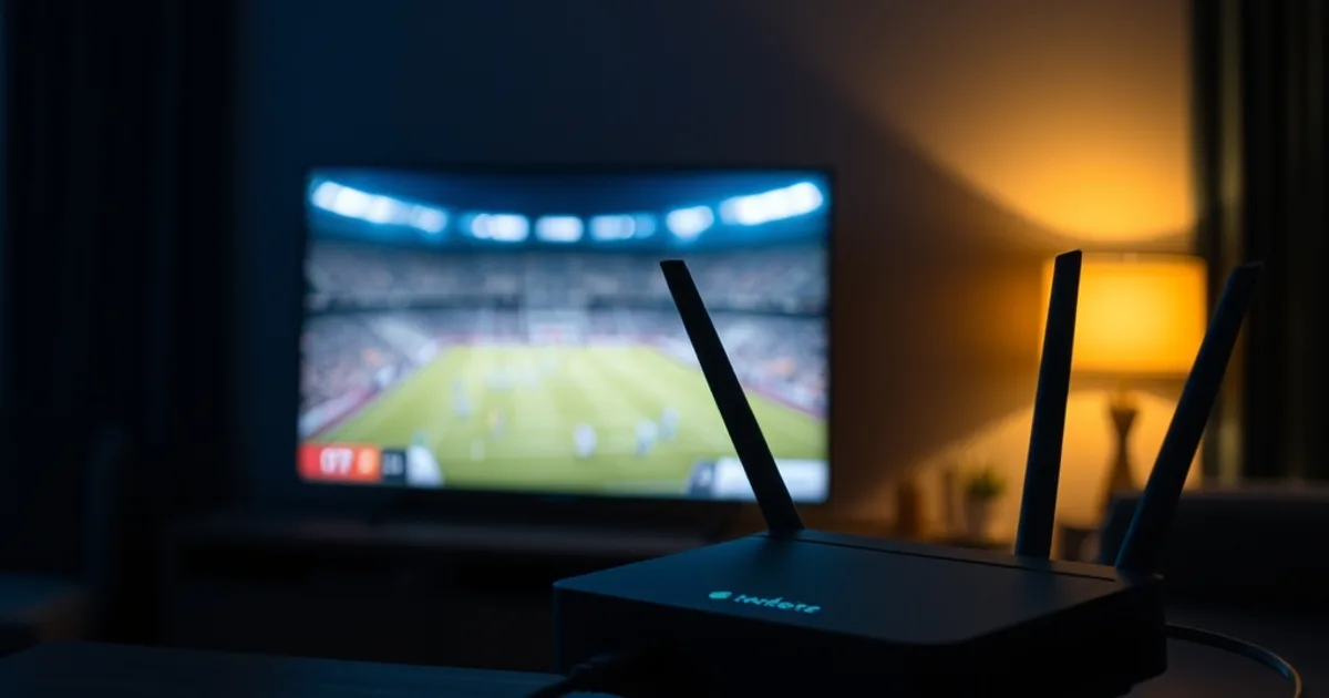 Salon plongé dans la pénombre avec un routeur WiFi et un câble Ethernet au premier plan, et un match de football diffusé sur grand écran en arrière-plan.