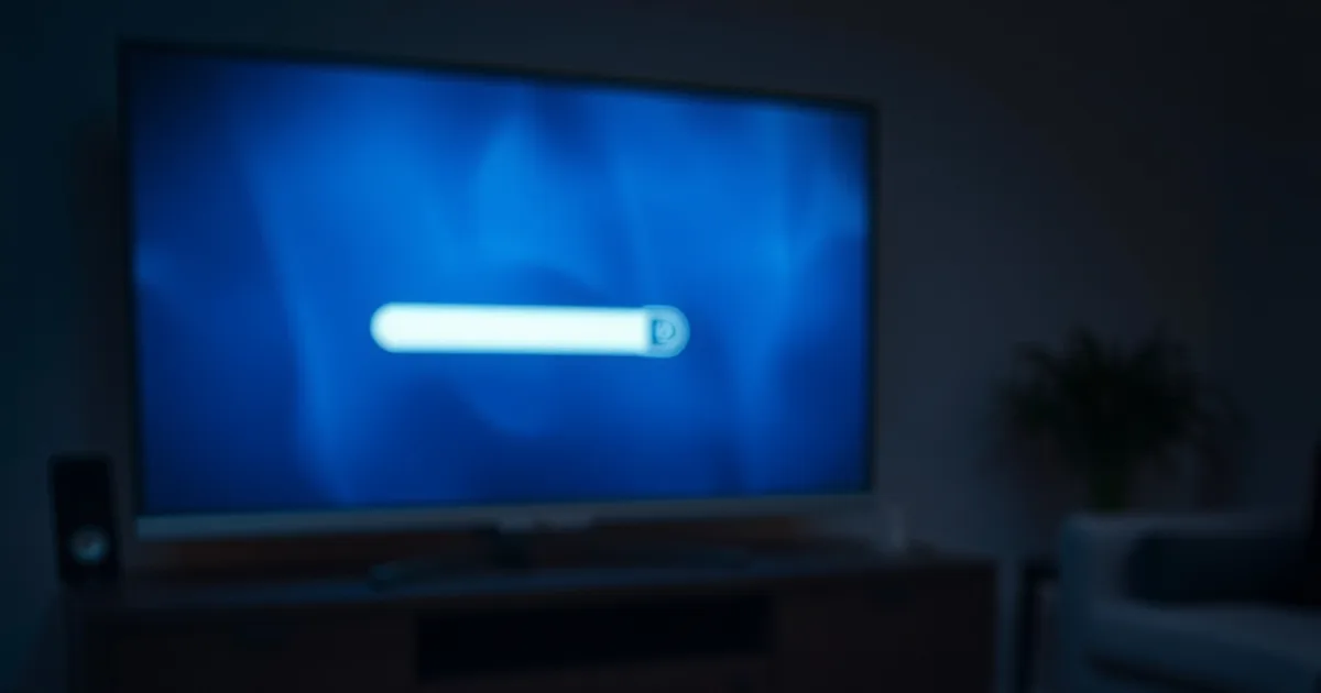 Salon plongé dans la pénombre avec un écran de télévision affichant une icône de chargement et une télécommande posée au premier plan