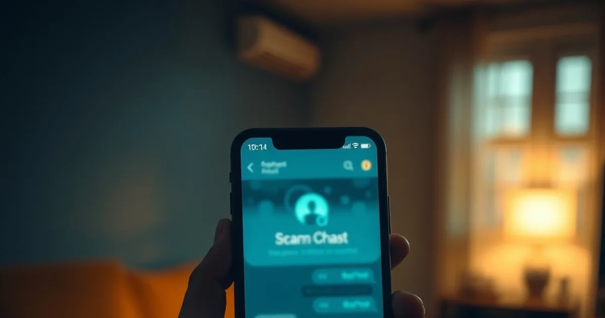Une main hésite au-dessus d'un smartphone affichant une conversation floutée dans une pièce sombre, symbolisant la méfiance avant de payer un abonnement IPTV.