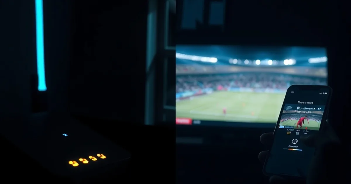 Câble fibre optique lumineux face à un smartphone connecté en 4G, avec un match de football en direct sur un téléviseur en arrière-plan dans un salon sombre