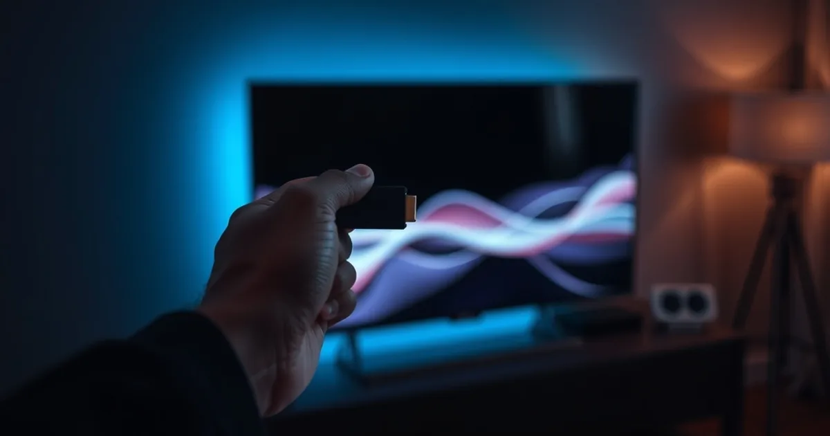Installation d'un boîtier FireStick derrière une télévision dans un salon sombre et chaleureux, lumière bleutée de l'écran