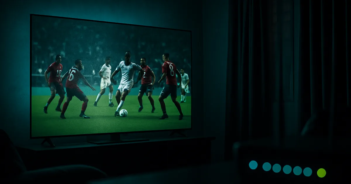 Salon plongé dans la pénombre avec une TV 4K allumée diffusant un match de football, illustrant le contraste entre vrai 4K net et upscaling flou