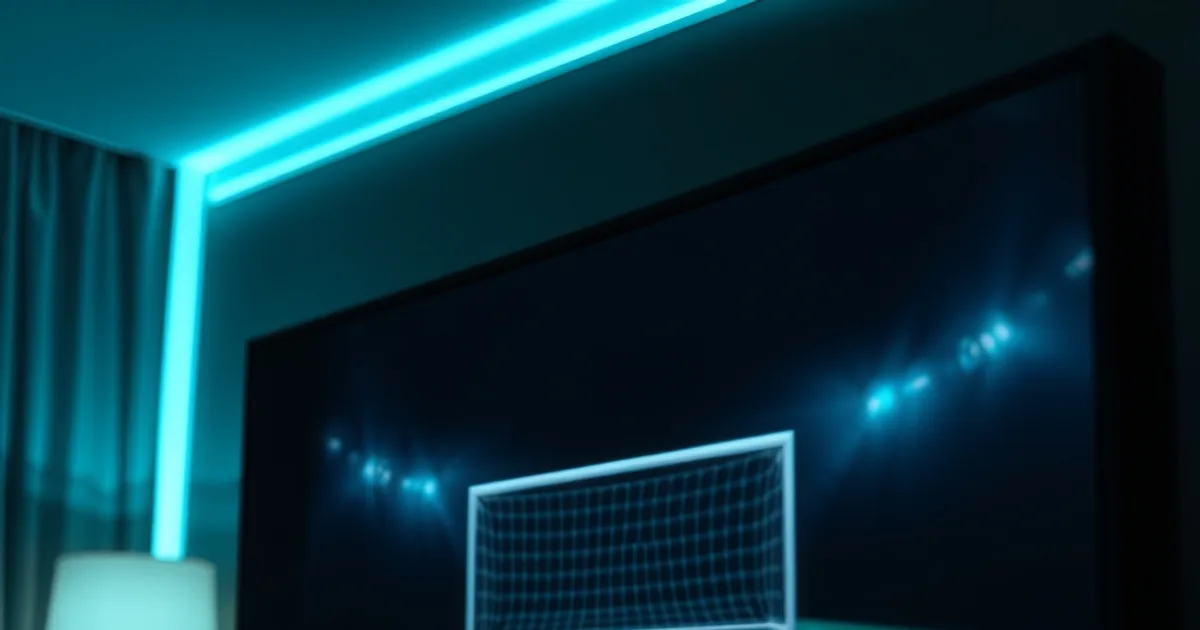 Écran de télévision affichant un match de football figé par le buffering, avec un routeur flou en arrière-plan dans une pièce sombre