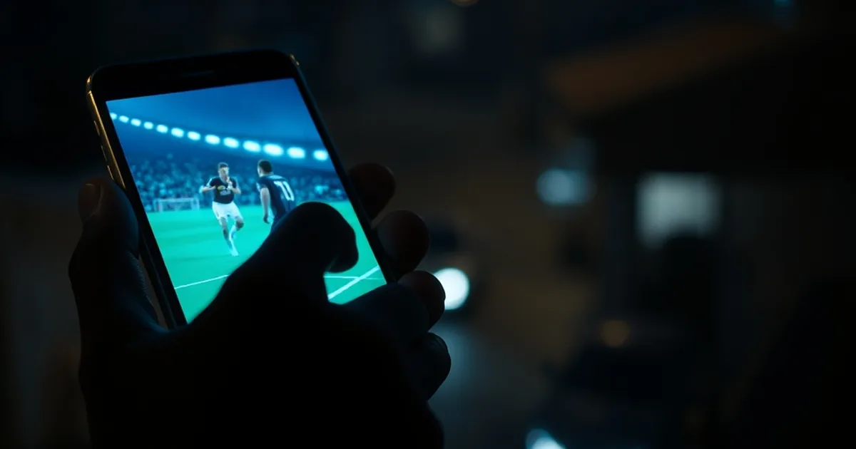 Main tenant un smartphone diffusant un match de football en direct, la nuit, avec la lumière de l'écran éclairant le visage en arrière-plan urbain flou.