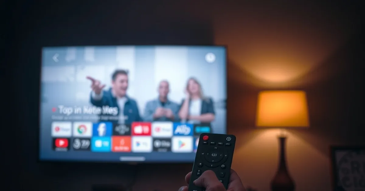 Télécommande pointée vers une Smart TV allumée dans un salon sombre, illustrant l'installation d'une application IPTV