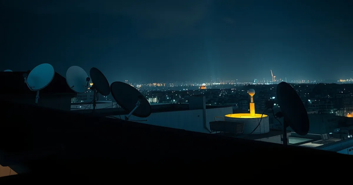 Toits de Dakar la nuit avec des antennes paraboliques, une seule connectée à un signal stable pendant que les autres restent sombres, symbole du réseau IPTV légal face au blocage