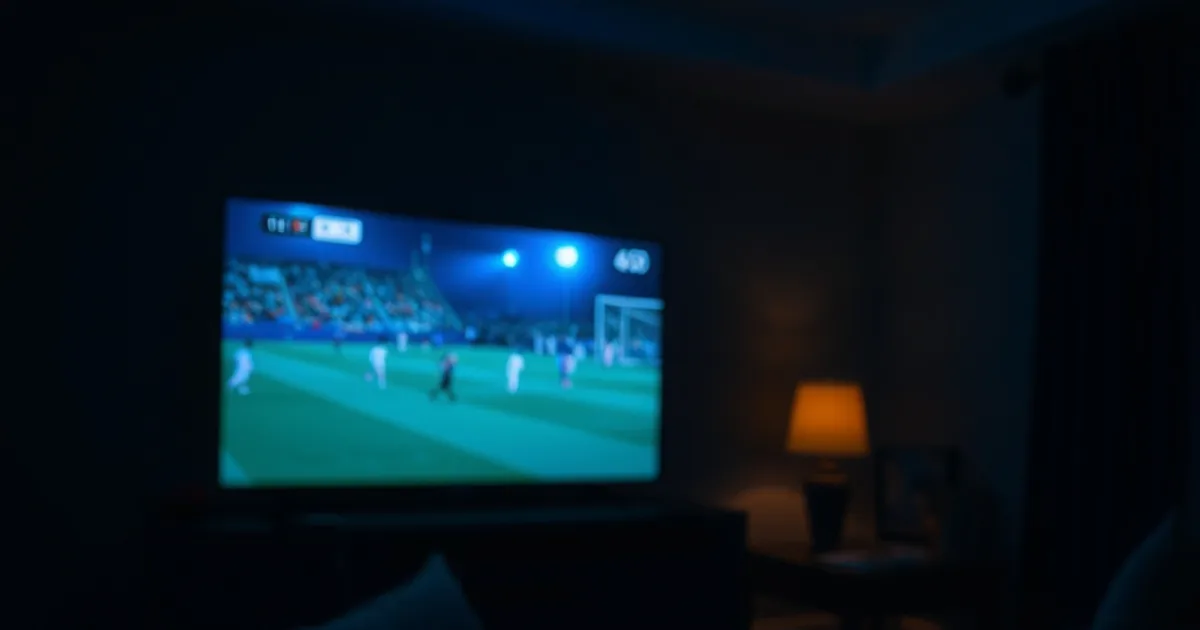 Salon sombre et cinématographique avec un téléviseur diffusant un match de football en direct et un smartphone affichant un paiement mobile posé à côté sur une table en bois.