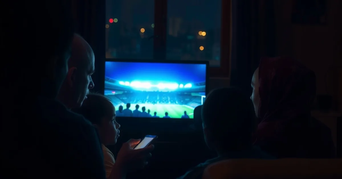 Famille sénégalaise réunie le soir autour d'un écran, lumière bleutée d'un stade en arrière-plan, ambiance d'attente avant les JOJ 2026 à Dakar