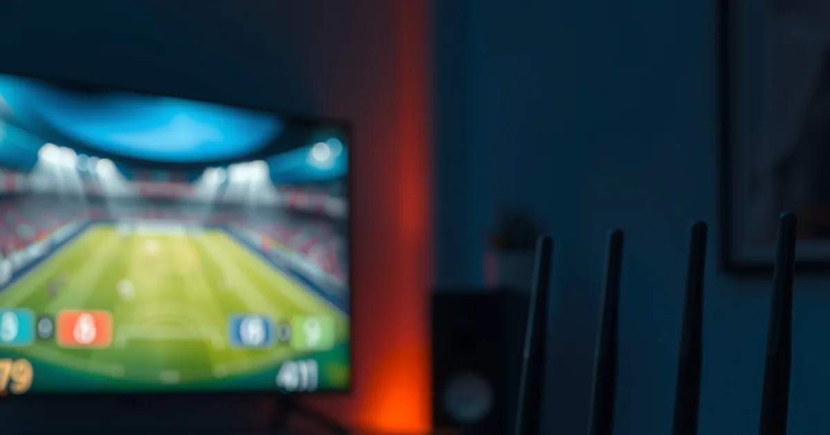 Routeur fibre aux voyants allumés dans la pénombre, avec un match de football en direct flou en arrière-plan