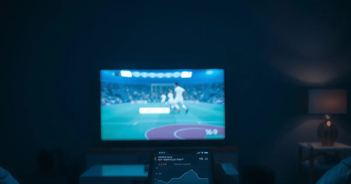 Salon plongé dans la pénombre à Dakar, écran de télévision figé sur une icône de mise en mémoire tampon pendant un match, smartphone affichant un test de débit au premier plan