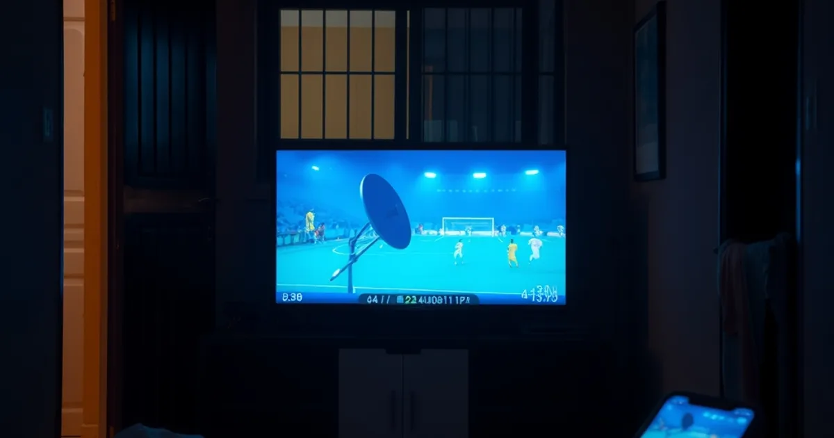 Salon sénégalais de nuit éclairé par la lueur d'un match de football en direct, avec une parabole visible à la fenêtre et un smartphone affichant une application de streaming