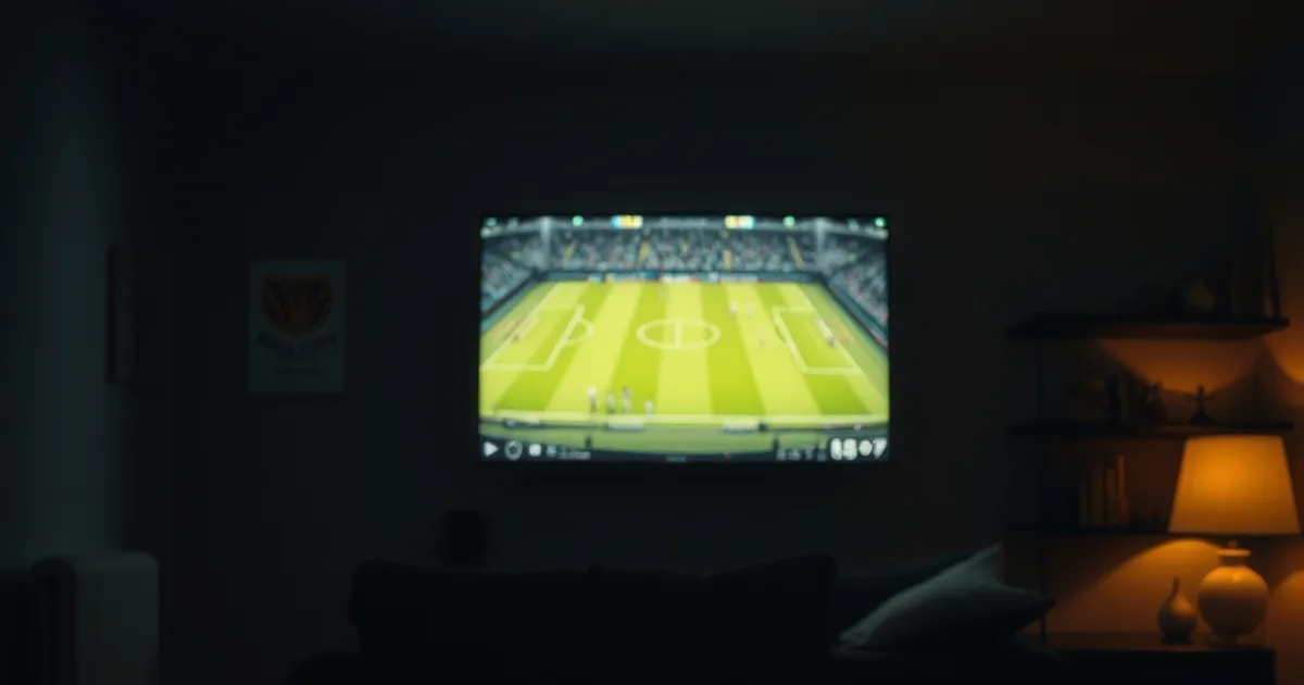 Salon plongé dans la pénombre au Sénégal, éclairé uniquement par un match de football en direct diffusé sur un téléviseur mural