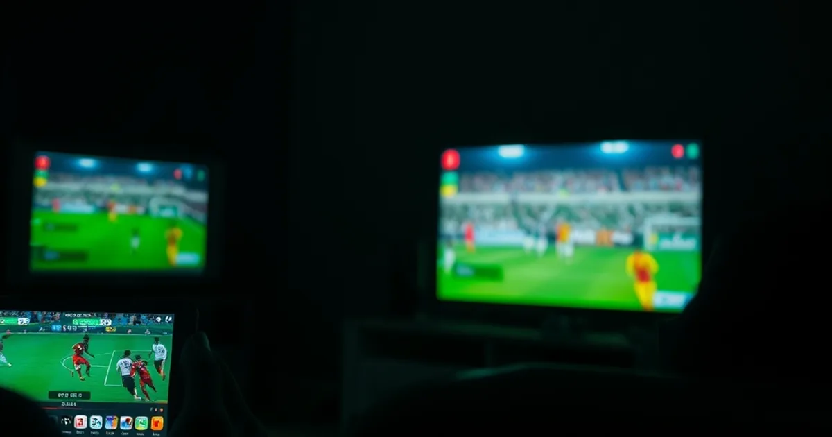 Smartphone, tablette et télévision allumés dans un salon sombre, diffusant chacun un flux sportif en streaming