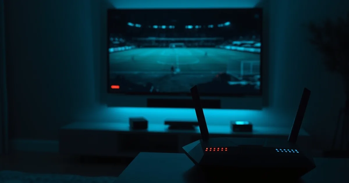 Salon sombre la nuit avec un écran de télévision affichant un flux de match de football figé et pixelisé, symbole du blocage IPTV