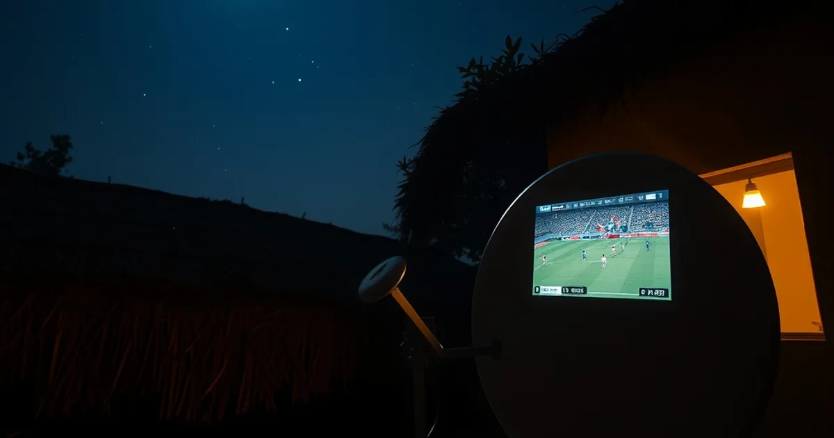 Parabole satellite dans une cour au Sénégal à la tombée de la nuit, avec la lueur d'un match de football diffusé en direct dans une maison voisine.