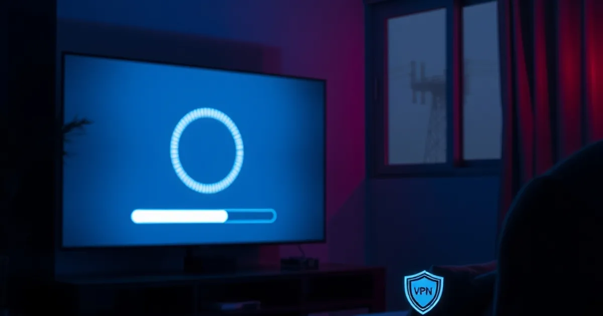 Salon sombre la nuit avec un téléviseur affichant un cercle de chargement bloqué et un smartphone avec une icône de bouclier VPN lumineuse, ambiance bleu et rouge, silhouette d'antenne réseau en arrière-plan
