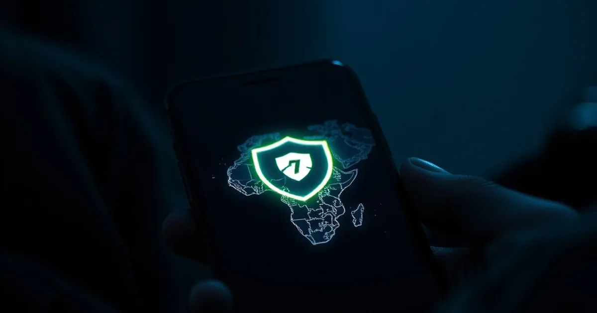 Smartphone affichant une connexion VPN chiffrée dans une pièce sombre, ambiance bleu nuit premium
